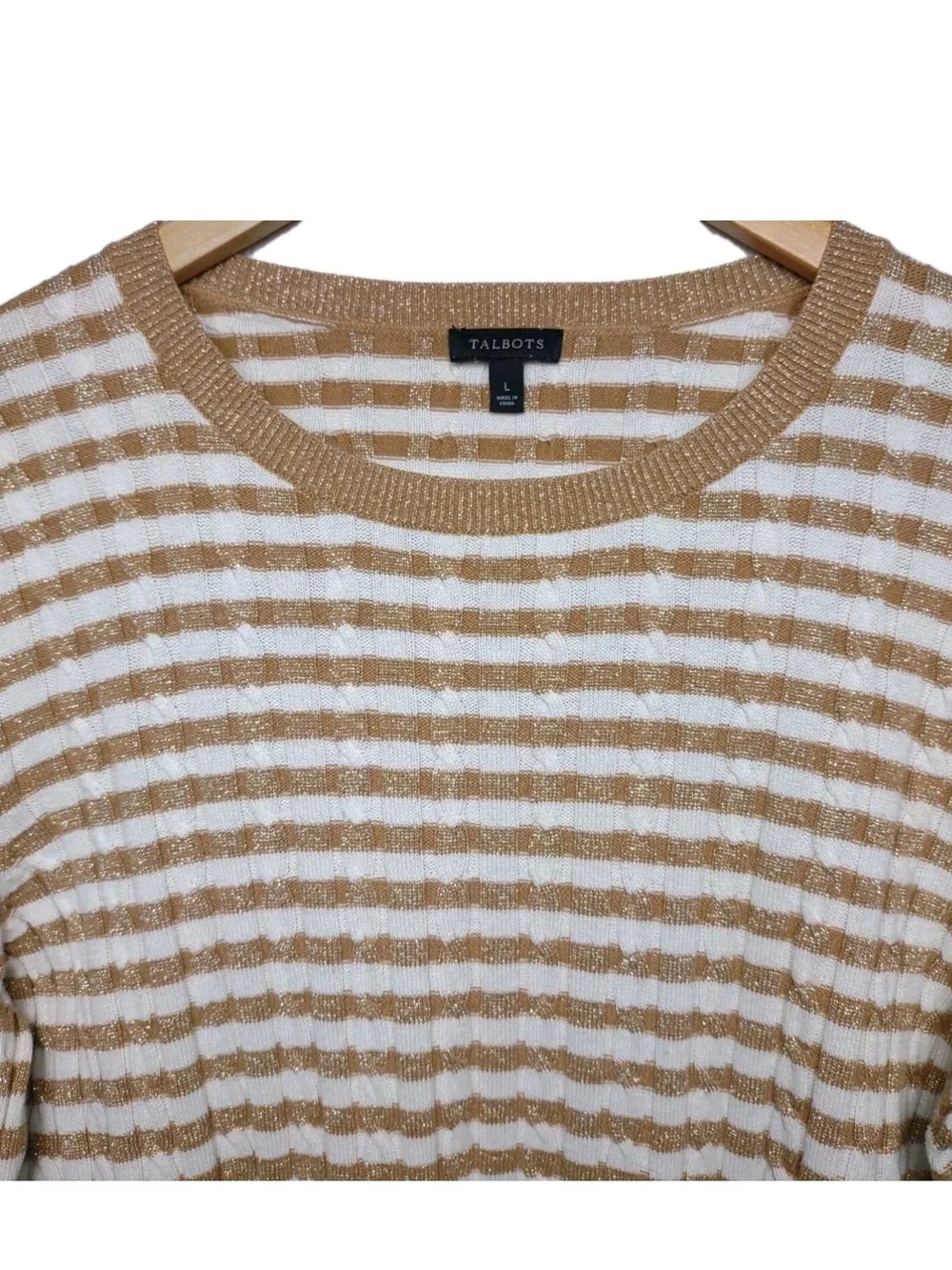 Talbots Metallic Striped Crewneck Sweater Cream and Tan / Gold